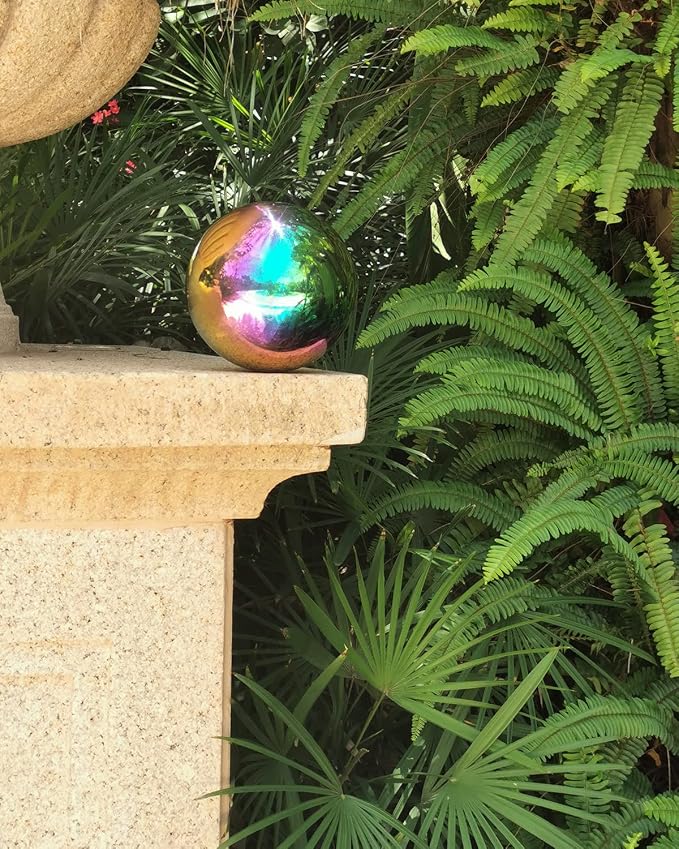 Rainbow Gazing Globe Mirror Ball, Metal Shiny Hollow Sphere Sparkling Housewarming Outdoor Ornament (6 Inch)