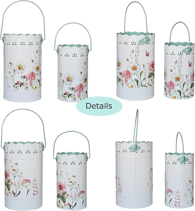 Set of 2 Rustic White Metal Flower Pots, Decorative Floral Buckets Farmhouse Iron Vases Planters for Dried Flowers, Faux Plants, Home Garden Decor