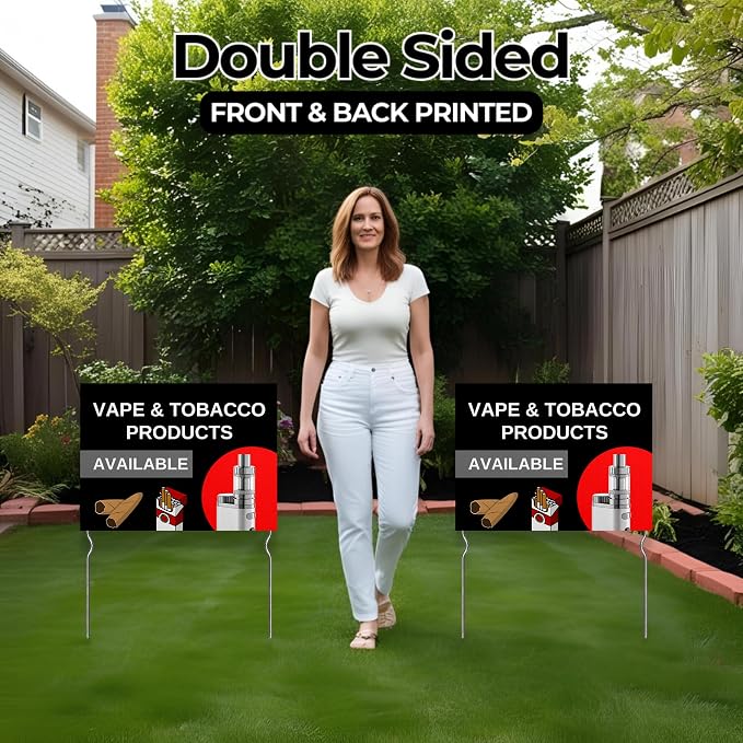 Vape & Tobacco Products Available! Yard Sign by DC | 24"x18" Double Sided Conv. Store Garden Sign with 13” Metal Stakes | Outdoor Signs Waterproof for Lawn, Patio, Sidewalk & House | Set of 5