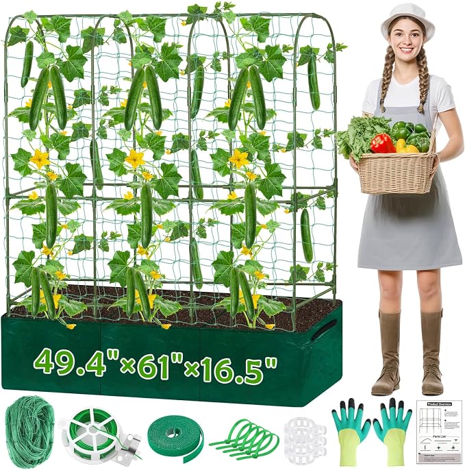 ROADPLUM Cucumber Trellis for Climbing Plants with Grow Bag, 61" Tall Metal U-Frame Garden Trellis for Raised Bed with Garden Netting and Plant Clip Plant Ties for Vegetables, Squash, Pea, Grape