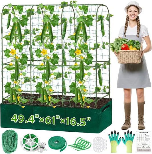 ROADPLUM Cucumber Trellis for Climbing Plants with Grow Bag, 61" Tall Metal U-Frame Garden Trellis for Raised Bed with Garden Netting and Plant Clip Plant Ties for Vegetables, Squash, Pea, Grape