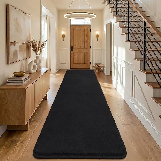 Amearea Modern Soft Hallway Runner Rug, 3x10 Feet Washable Long Runner Rugs | Black Fluffy Bedroom Bedside Rugs, Non Slip Memory Foam Rug Carpet for Hallway Entrance Kitchen Living Room Home Decor