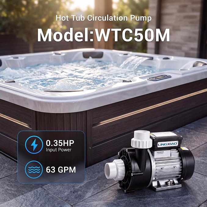 Hot Tub Circulation Pump 230V,63GPM,1.5in (Model: WTC50M-Standard) | LX Pump 100% Copper Motor, High Efficiency, Low Noise, Replace OEM Models