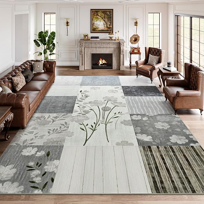 DweIke Floral Rugs for Living Room, 5x7 Washable Area Rug for Dining Room Farmhouse Office Bedroom Decor, Geometric Patchwork Stain Resistant Low Pile Indoor Floor Throw Rugs, Light Grey