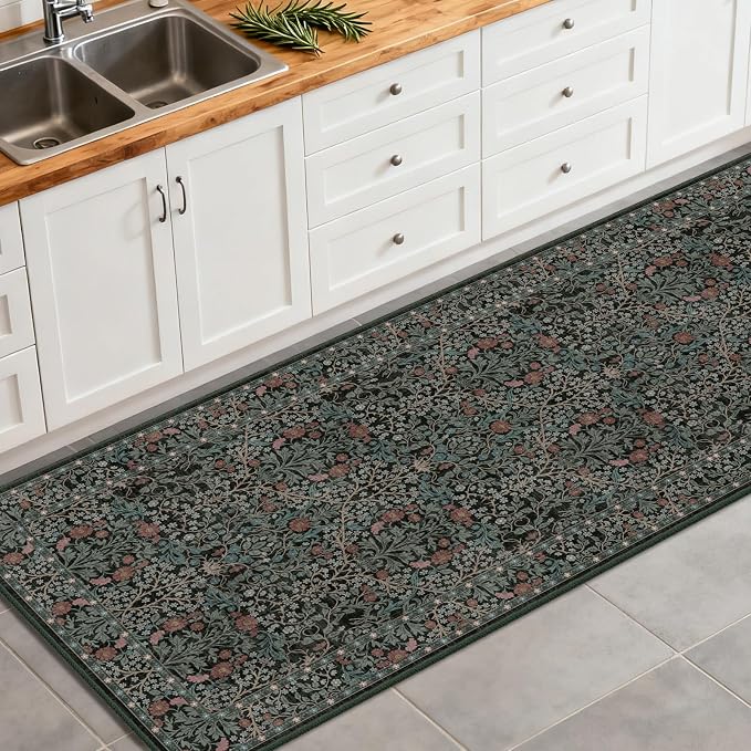 Washable 2'6" x 8' Runners for Hallways, Non Slip Long Floor Runner for Kitchen, Entryway Indoor, Stain Resistant Rubber Backing Floral Décor Rug (Dark Green)