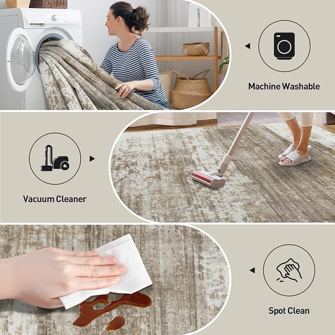 9x12 Area Rugs for Living Room: Washable Abstract Brown White Carpet | Non-slip TPE backing makes this washable soft low-pile rug safe & durable, Pet-friendly decor for dining room,nursery,office