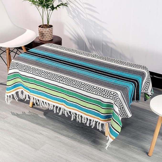 Airooglee 69" L x 51" W Large Mexican Blanket - Perfect as Yoga Blanket, Outdoor Blanket, Beach Blanket, Serape Blanket, Picnic Blanket, Camping Blanket, Woven Blanket, Boho Home Décor - Blue-Green