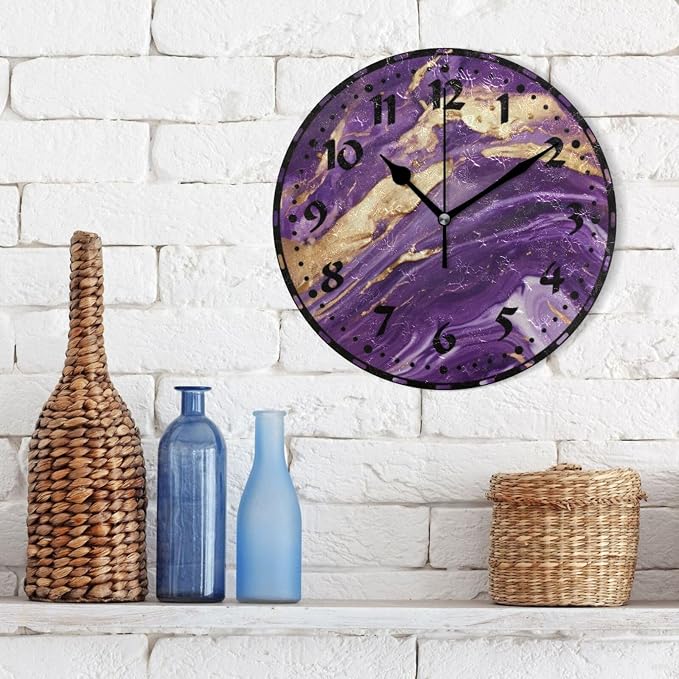 Purple Gold Swirl Wall Clock, Silent Non Ticking 10 Inch Battery Operated Wall Clocks, Easy to Read Clock for Home Kitchen Living Room Bathroom Office Decor