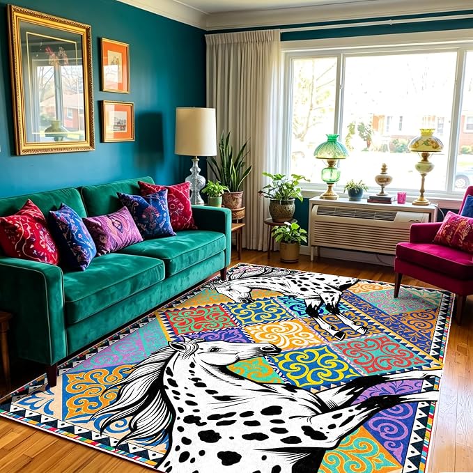 Vintage Appaloosa Horse Rug 5x7 Area Rug for Living Room ﻿ | Animal Print Rug, Boho Ethnic Geometric Pattern Rug, Non-Slip TPE Backing, Stain Resistant for Bedroom Dining Room Playroom