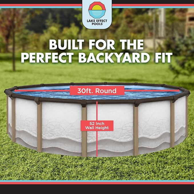 Lake Effect Pools 'Cozumel' 30 ft Round Above Ground Swimming Pool | 52 Inch Resin Protected Steel Sided Walls | Bundle Includes: 25 Gauge Overlap Liner & Widemouth Skimmer