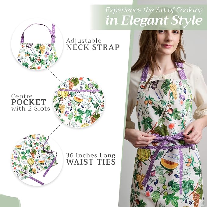 Maison d' Hermine Aprons for women with Pocket 100% Cotton (27.50"x31.50") | Adjustable Neck Strap & long ties Apron Men Chef Wedding Cooking Gardening Server Maid