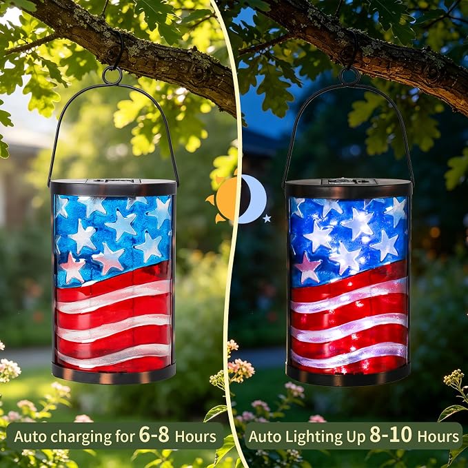Hanging Solar Lantern Outdoor Decorative Waterproof LED Solar American Flag Lights Tabletop Lamp for Outdoor Patio Garden