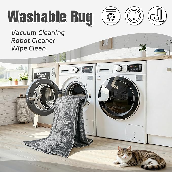 6x9 Area Rugs for Living Room: Washable Soft Deep Black Abstract Carpet | Non-Slip TPE & Stain Resistant,0.25" Low-Pile,Kids Pet Friendly Modern Decor for Dining Room Farmhouse Office, Non-Shedding