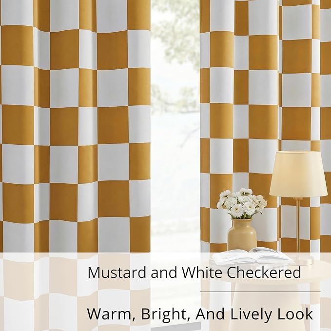 100% Blackout Checkered Curtains – 2 Panels, Each W52×L63, Thermal Insulated, Nosie Reducing for Bedroom, Modern Mustard and White Checkerboard Design