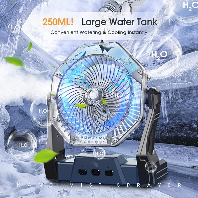 Ausic Portable Misting Camping Fan, 8" Outdoor Cooling Fan with LED Light, Water Spray, Hook, [Max 35H] Battery Operated Rechargeable Fan for Sports Sidelines, Patio, Beach, Tent, Travel