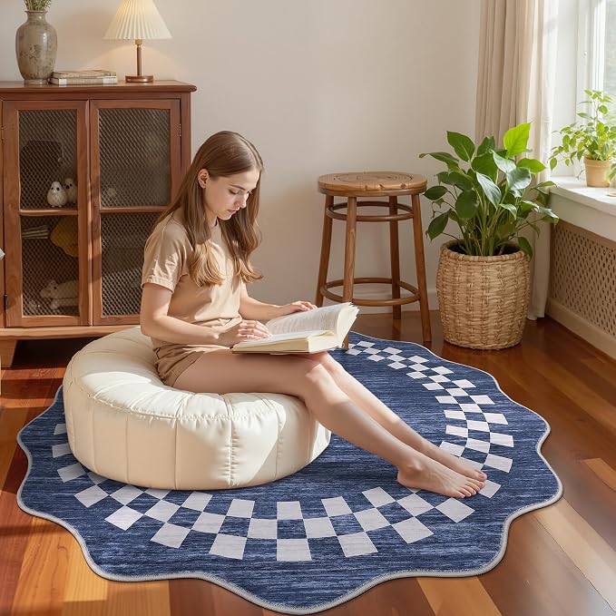GarveeHome Scalloped Round Rug 4ft Washable Modern Solid Color Circle Rugs | Non Slip Low Pile Living Room Throw Carpat Bedroom Scalloped Round Area Rug Stain Resistant Bordered Rug for Kitchen, Blue