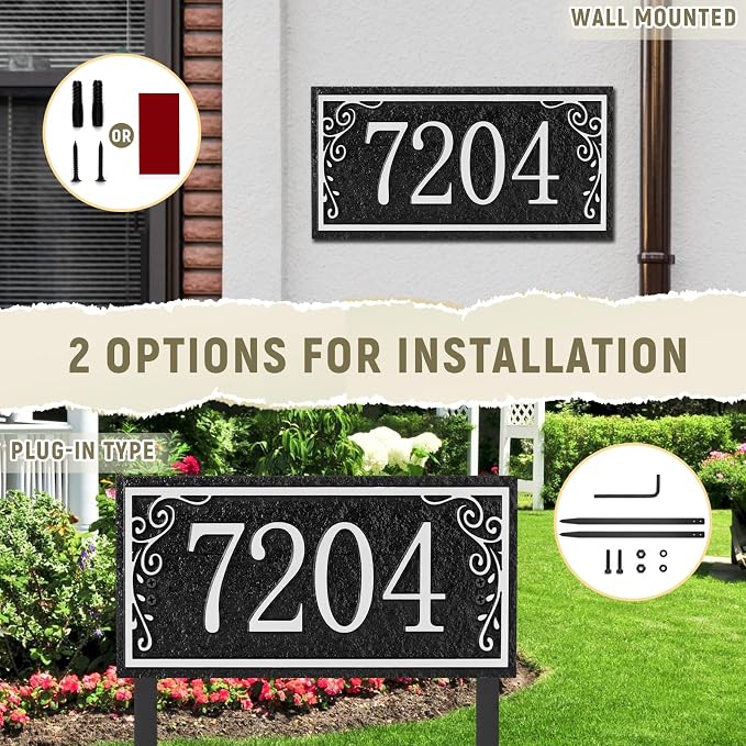 Lawn Address Sign Plaque - Personalized House Number Plaque Sign,Address Numbers for House Large Option Stakes Included (Black/Silver)