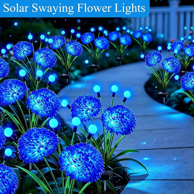 Solar Firefly Lights Outdoor Waterproof, 8 Pack Blue Solar Flowers Swaying Lights With Flowers, Flower Light Garden Decor for Outside Yard Patio Halloween Christmas, Gifts for Women Grandma