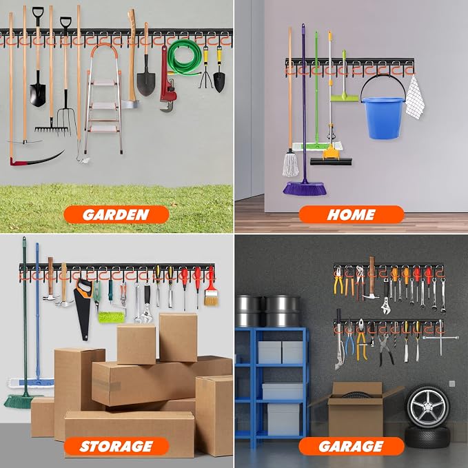 TVKB 17'' All Metal Garden Tool Organizer Adjustable Garage Tool Organizer Wall Mount Garage Organizers and Storage with Heavy Duty Hooks Tool Hangers for Garage Wall, Shed, Garden