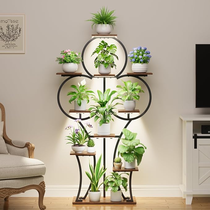 POZILAN Plant Stand Indoor with Grow Lights - 63" Indoor Plant Stands, 10 Tiered Plant Shelf for Indoor Growing, Corner Lighted Plant Shelves for Balcony, Living Room, Patio, Black