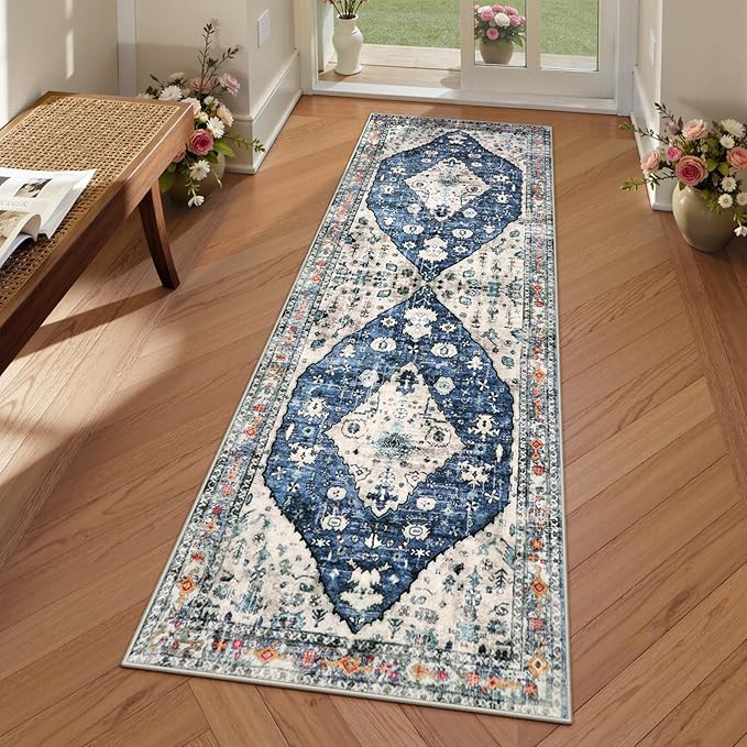 Lahome Felice Boho Tribal Runner Rug - 2x5 Blue Soft Bathroom Rug Runner Laundry Room Mat, Medallion Soft Non Slip Machine Washable Entryway Carpet Runners for Kitchen Sink Bedside Front Door Hallway