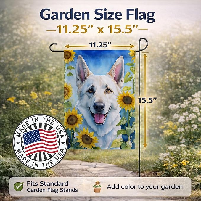 Caroline's Treasures DAC6083GF White German Shepherd in Sunflowers Garden Flag Mailbox Flag Decorative Yard Flag Banner Outside Patio Artwork Yard Flower Beds, Garden Size, Multicolor