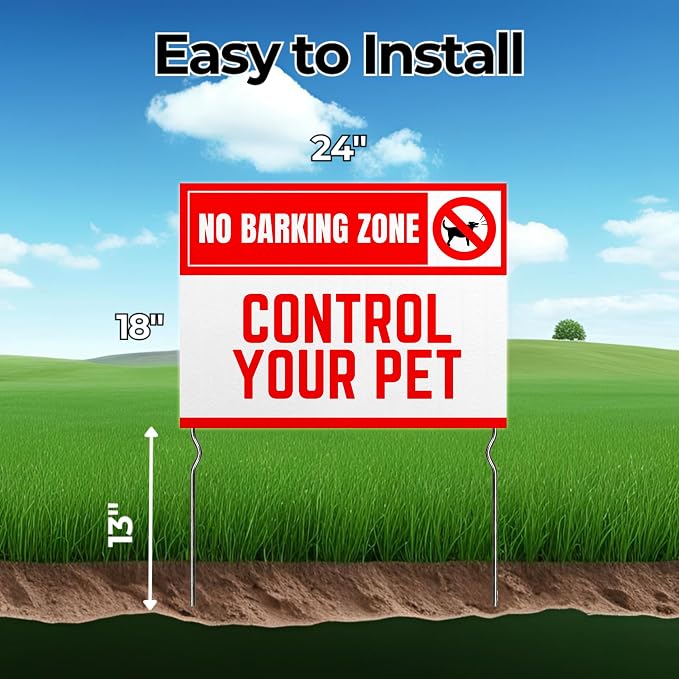 No Barking Zone – Control Your Pet! Yard Sign by DC | 24"x18" Double Sided Pets Garden Sign with 13” Metal Stakes | Outdoor Signs Waterproof for Lawn, Patio, Sidewalk & House | Set of 1 | Made in USA