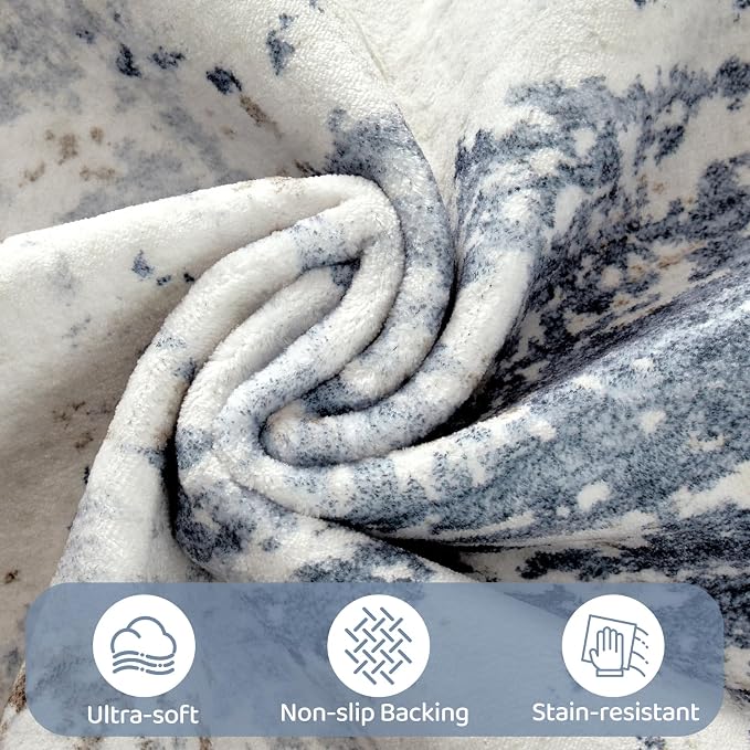 UERMEI 9x12 Area Rug Living Room Rugs - Washable Neutral Modern Abstract Soft Thin Large Rug Indoor Floor No Slip Rug Carpet for Bedroom Under Dining Table Home Office Decor- Denim Blue