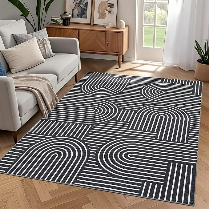 ROYHOME Modern Washable Rug 8x10 Area Rugs for Living Room Non Slip, Black | Abstract Rug for Bedroom, Rainbow Throw Rugs with Rubber Back, Low Pile Stain Resistant Boho Geometric Carpet for Dining Room