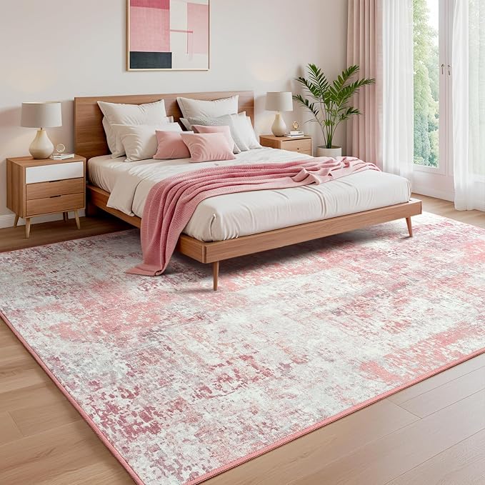 5x7 Pink Washable Area Rug for Living Room Bedroom, Modern Abstract Non-Slip Rugs, Low Pile Soft Stain Resistant Carpet for Dining Room, Office, Dorm Decor