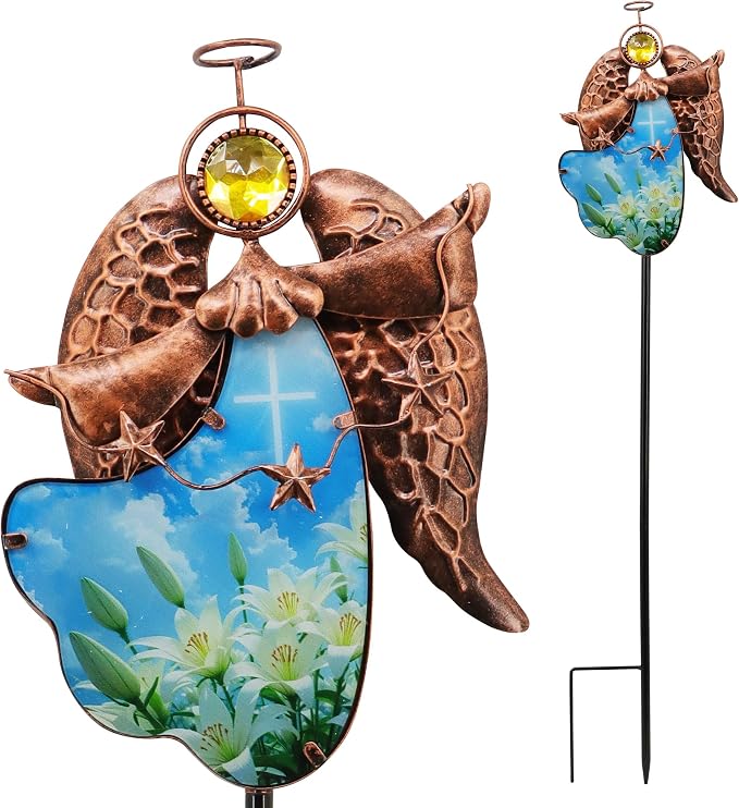 Solar Angel Garden Stake Light 32in, Iron Outdoor Decor with LED Cross Glass, Waterproof Memorial Yard Art, Easy Assembly Pathway Lighting for Patio Lawn