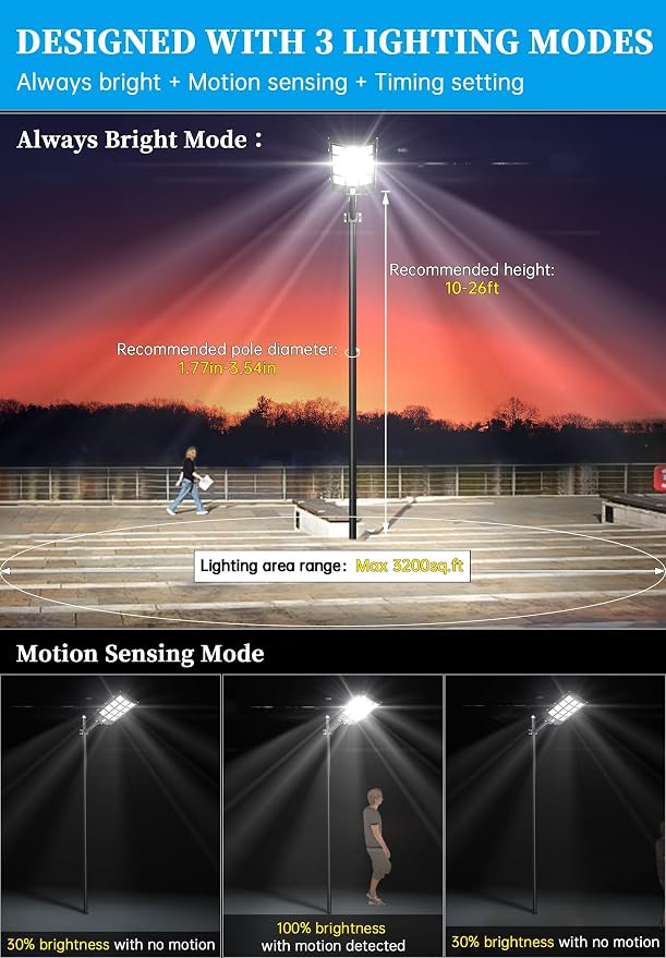 Gefolly Solar Street Lights Outdoor, Commercial Parking Lot Light, 6500K Dusk to Dawn IP67 Security Flood Lights Motion Sensor Led Lamp for Basketball Court, Road, Yard (SL-6000W, 600000LM)