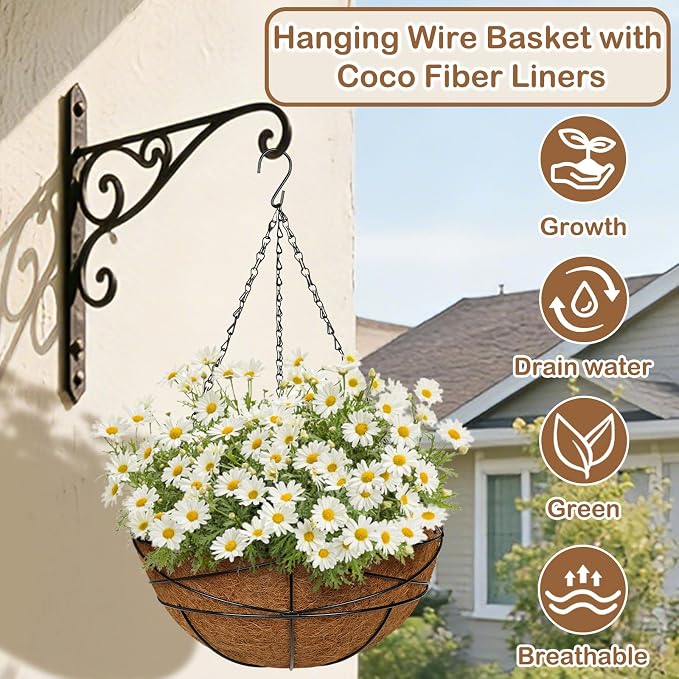 4 Pack 14 inch Metal Hanging Baskets for Plants Outdoor Metal Wire Hanging Basket Planter with Coco Fiber Liners Flower Pots for Home Porch Garden Patio, Diamond-Shaped