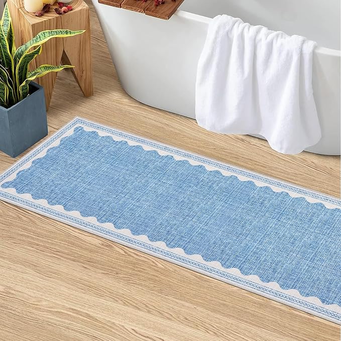 2x6 Scalloped Runners Blue Washable Hallways Bedroom Rug | Solid Non Slip Scalloped Bath Runner, Rugs for Bedroom Girls, Rugs for Kitchen Floor Soft Dorm Nursery Carpet for Bedside
