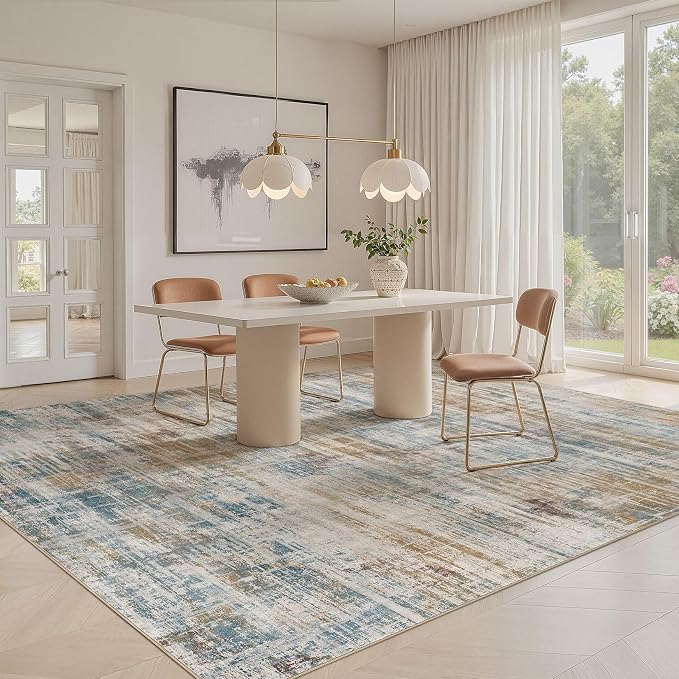 UERMEI 8x10 Area Rug for Living Room Washable Abstract Blue Brown Carpet | Low Pile Non-Slip Soft Neutral Modern Kid Pet Friendly Large Rugs For Bedroom Dining Room Nursery Office Indoor Decor