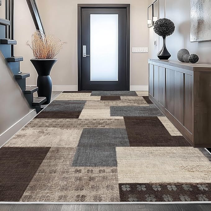 Modern Geometric Patchwork Indoor Blue Area Rug for Living Room | Blue-Taupe 5'x 7' Large Rug Rockwood Collection Hardwood Floors Decor for Bedroom, Throw Carpet for Office Entryway Dining