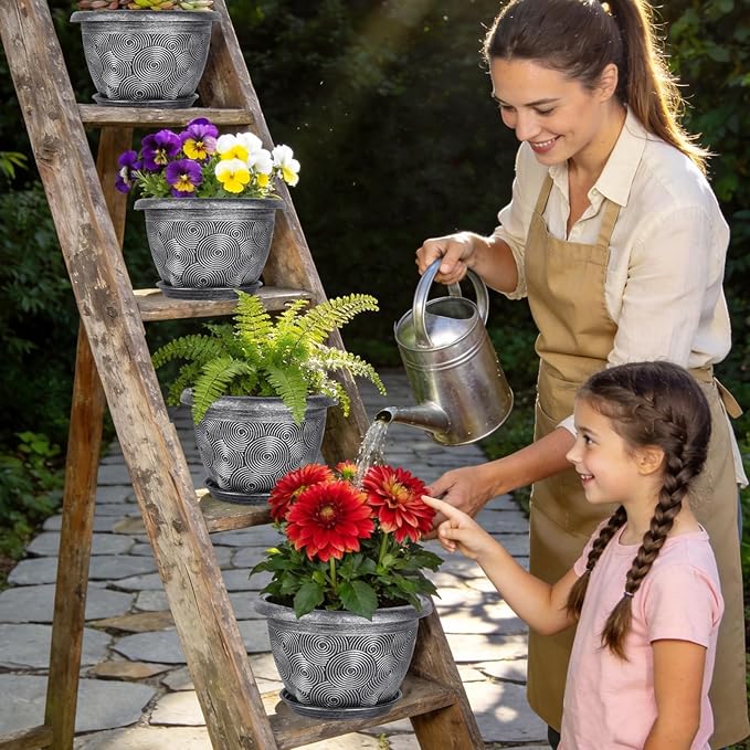 14-Inch -Plastic-Pots -For-Plant With Saucer, 4 Pack Outdoor Planters With Drainage Holes, Decorative Flower Pots For Indoor Plants, Modern 3D Swirl Silver Large Plant Pots With With Removable Tray
