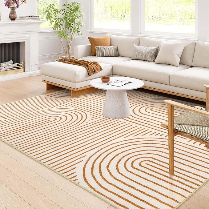 Lahome Abstract Washable Rugs 8x10, Soft 8x10 Rugs for Living Room Office | Ultra-Thin Non-Slip Bedroom Rug Large Carpet Non-Shedding Accent Rug for Office Dining Room Darrell (8x10ft, Orange)