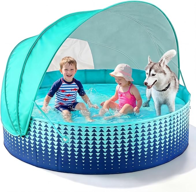 Jasonwell Kiddie Baby Pool with Canopy - Foldable Infant Toddler Kids Pool with Shade Baby Beach Essentials Tent Swimming Wading Pools for Toddlers 1-3 + Kids Dogs Ball Pit Backyard Water Play G, 63"