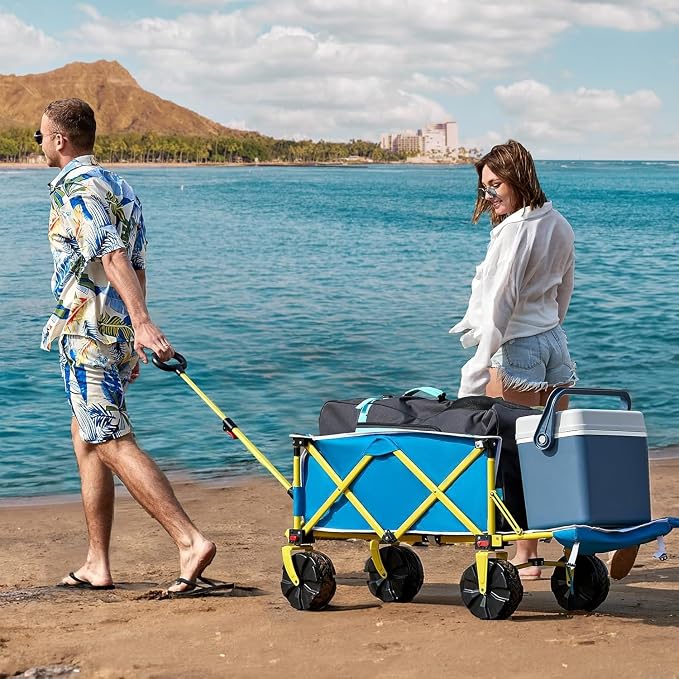 Old Bahama Bay Beach Wagon with Big Wheels for Sand, 330 LBS Heavy Duty Collapsible Beach Cart with Tailgate, Foldable Utility Wagon with Cup Holders & Side Pocket for Camping, Shopping, Garden, Blue