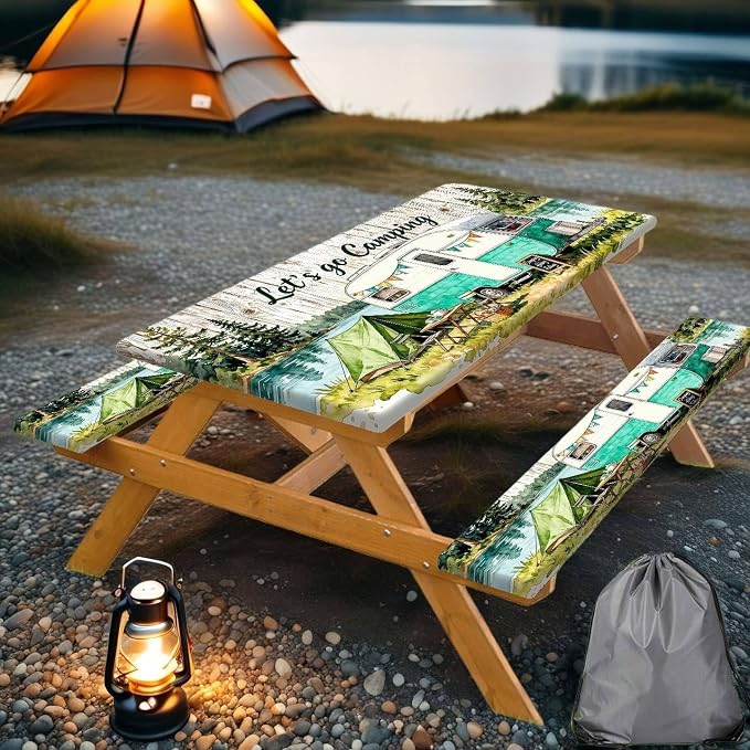 Picnic Table Cover with Bench Covers Elastic Edges, Camping Watercolor Wooden Table Cover, Outdoor Patio Camping Essentials 96 Inch 3PCS, Waterproof Washable Fitted Tablecloth with Drawstring Bag