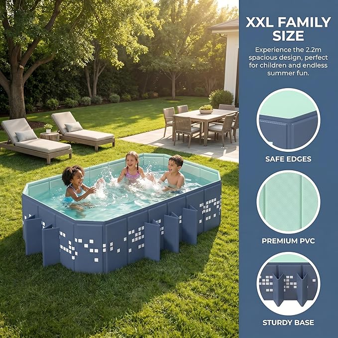 Foldable Pool Non-Inflatable, Large Collapsible Swimming Pool for Kids Adults, Hard PVC Board, 10 Triangle Supports, Family Backyard Outdoor Pool, Blue（86.6" × 53.1" × 19.7"）