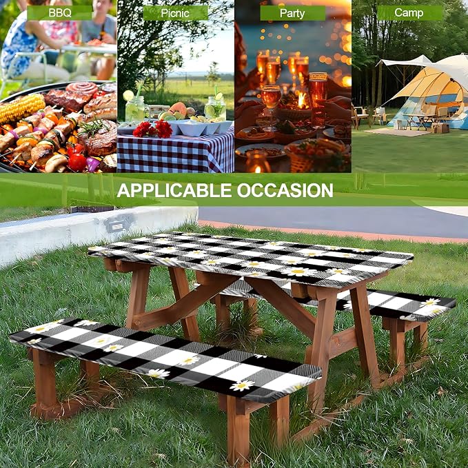 Vintage Gingham Picnic Table Cover with Bench Covers Set of 3 - Black White Check with Floral Accents, Elastic Fitted Tablecloth for 6 Ft Tables, Washable Polyester Cover for Patio, Indoor & Outdoor