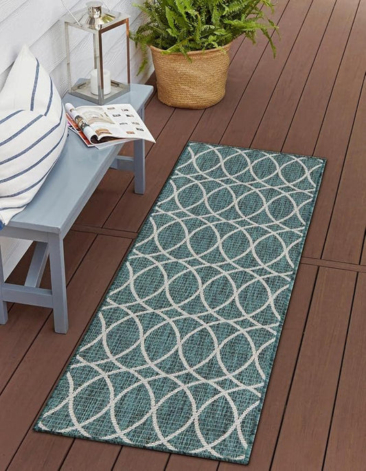 Unique Loom Outdoor Trellis Collection Area Rug - Gitter (2' x 8' Runner, Teal/ Ivory)