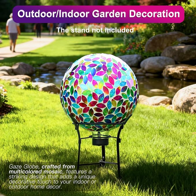 SAVENNA Mosaic Garden Gazing Ball 10 Inch, Glass Decorative Sphere for Indoor & Outdoor Garden, Patio, Home & Yard, Multicolor Petal Pattern