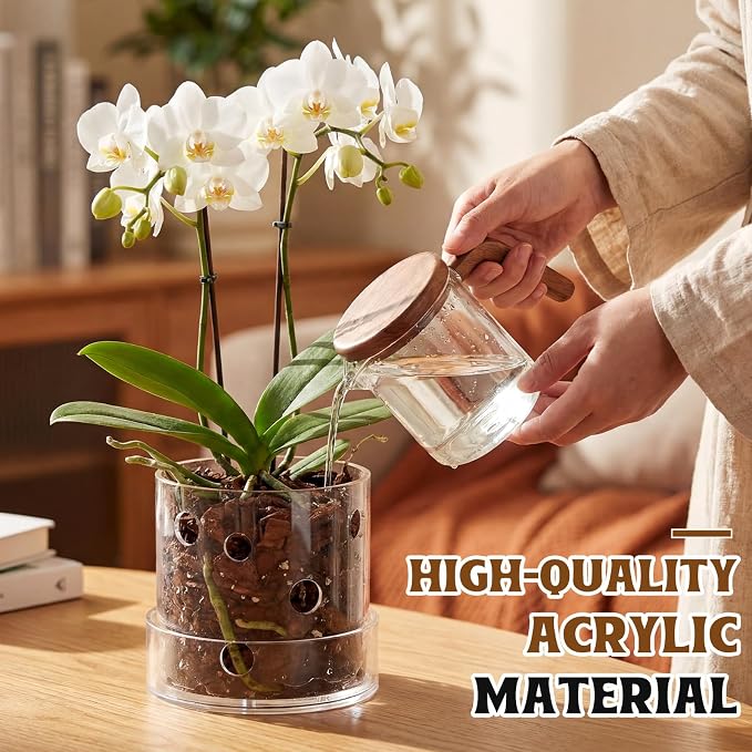 4 Inch Clear Acrylic Orchid Planter Pot with 360° Round Holes & Tray, Thick Acrylic Vented Planter for Phalaenopsis, Root Airflow, Bottom Watering & Indoor Orchid Repotting