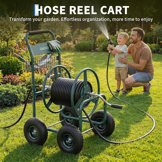 Garvee Garden Hose Reel Cart with Wheels, Hold Up to 300 ft of 5/8’’ Hose, Heavy Duty Water Hose Reel with Storage Basket, 4 Large Pneumatic Tires, Mobile Outdoor Hose Storage for Garden, Yard, Farm