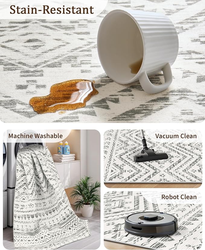 Miukiki 3x5 Washable Area Rug Moroccan Soft Non Slip Entryway Rug Grey | Machine Washable 3x5 Rug for Bedroom Kitchen Living Room, Low Pile Indoor Floor Carpet with Vintage Pattern