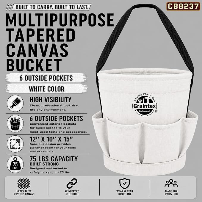 Graintex Tapered Canvas Bucket 12"x10"x15", Utility Tool Bucket 6 Pockets Outside, Reinforced Base & Carry Handle, Ripstop Canvas, Multi-Purpose Bag for Jobsite & Home Use (White)