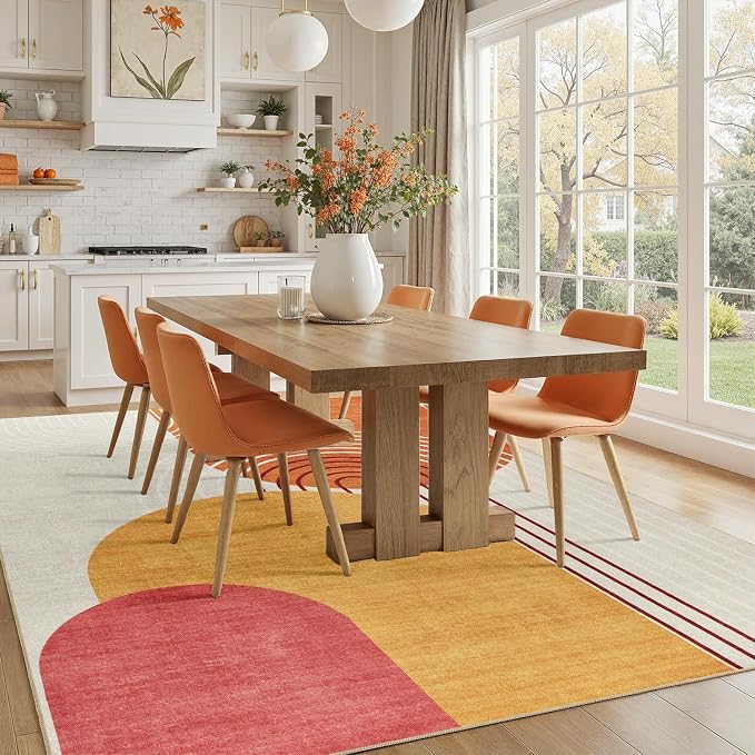 DCX Abstract Washable 9x12 Rug, Non Slip Low Pile Rug, Orange & Yellow | Rugs for living room, bedroom, dining room, office, soft, mid century modern rug, sain resistant indoor carpet, home decor